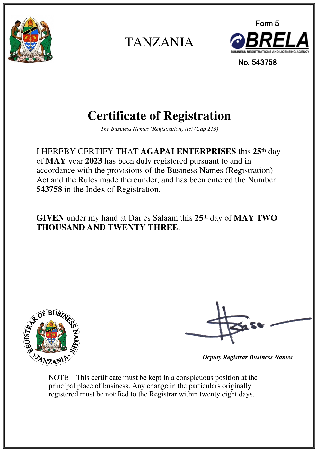 Business Registration Certificate (BRELA)