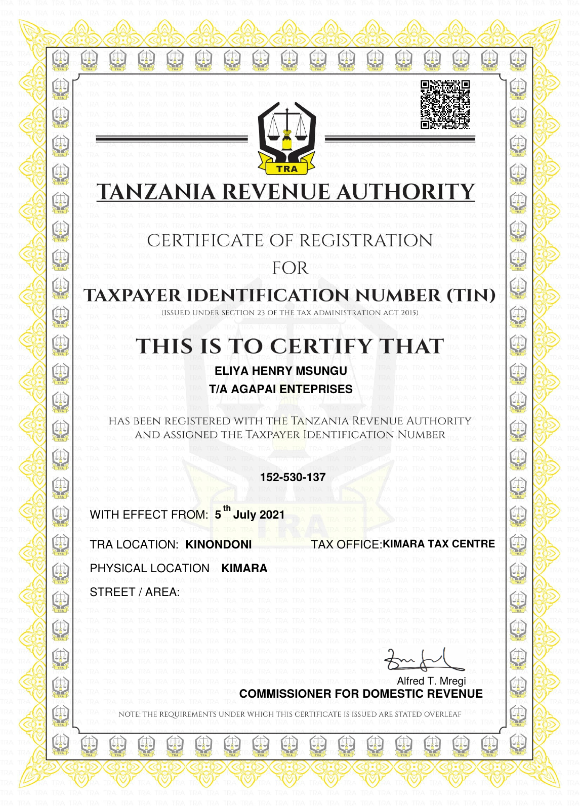 Tax Compliance Certificate (TIN / VAT)
